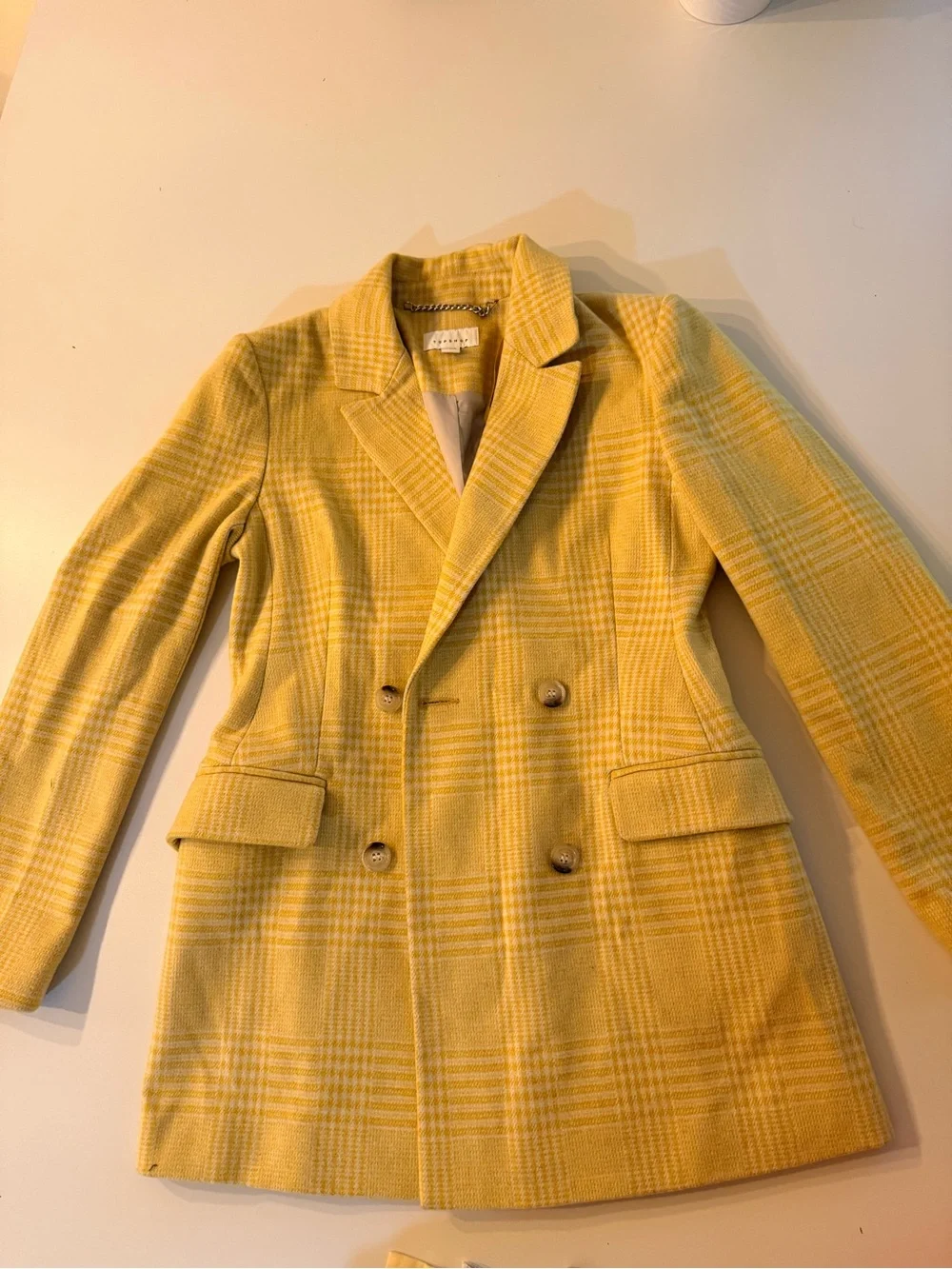 Topshop Yellow Plaid Double-Breasted Blazer Coat